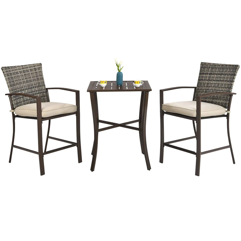 3-Piece Brown Frame Wicker Outdoor Bistro Set with Beige Cushions
