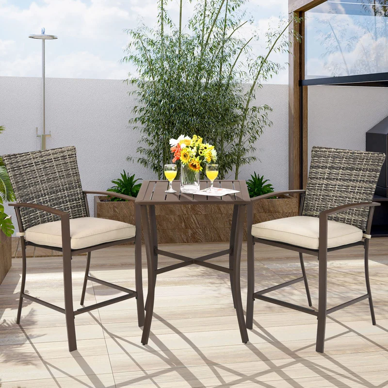 3-Piece Brown Frame Wicker Outdoor Bistro Set with Beige Cushions