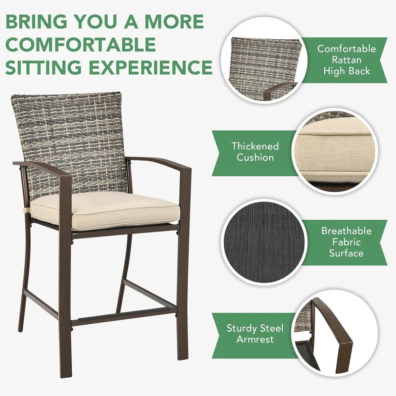 3-Piece Brown Frame Wicker Outdoor Bistro Set with Beige Cushions