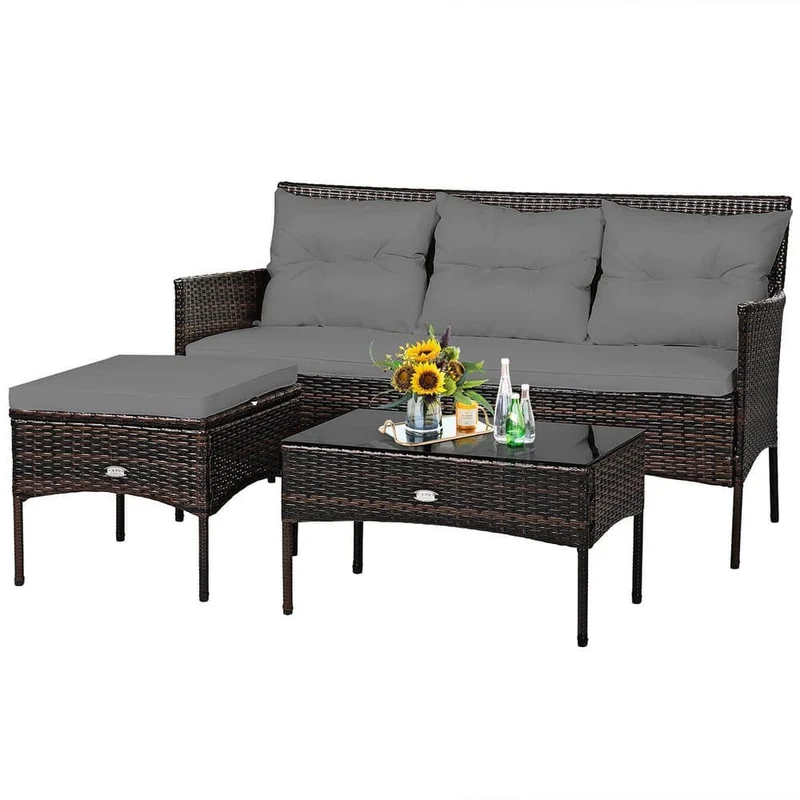 Brown 3-Piece Wicker Outdoor Patio Sectional Sofa Seating Set with Gray Cushions