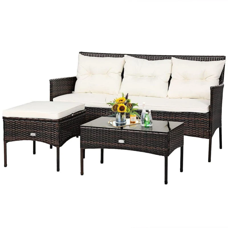 Brown 3-Piece Wicker Outdoor Patio Sectional Sofa Seating Set with White Cushions