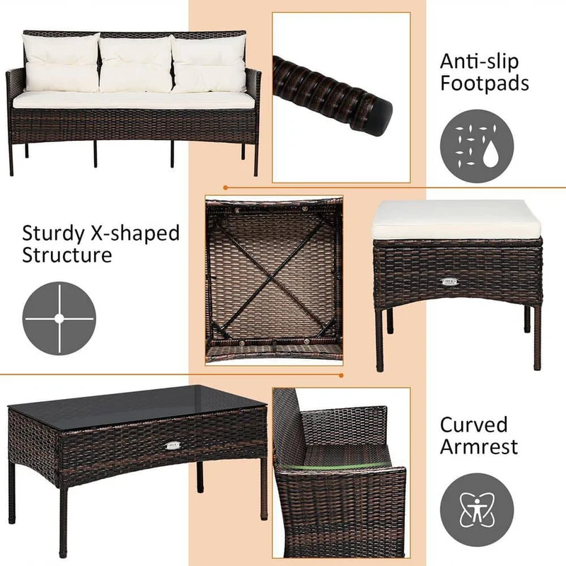 Brown 3-Piece Wicker Outdoor Patio Sectional Sofa Seating Set with White Cushions