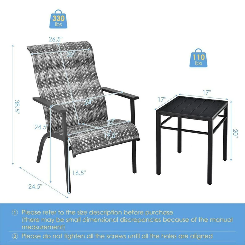 Gray 3-Piece Wicker Outdoor Bistro Set with High Backrest and Armrest