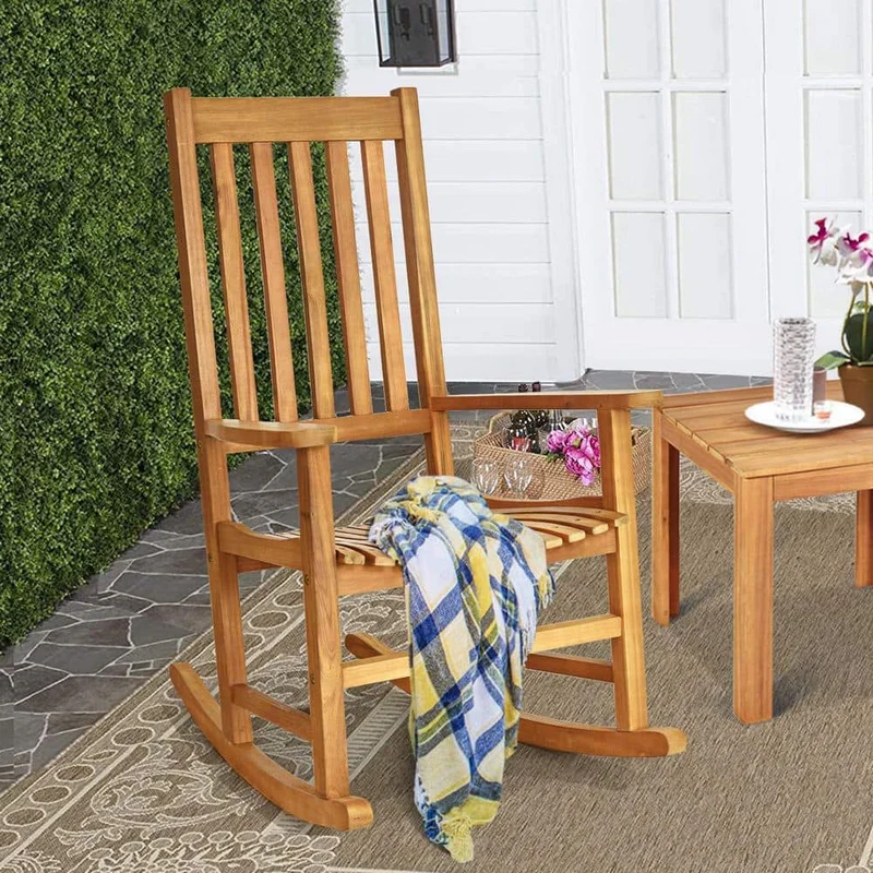 Natural Wooden High Back Outdoor Rocking Chair