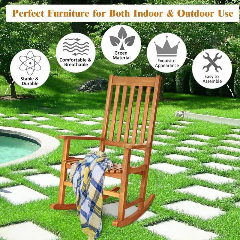 Natural Wooden High Back Outdoor Rocking Chair