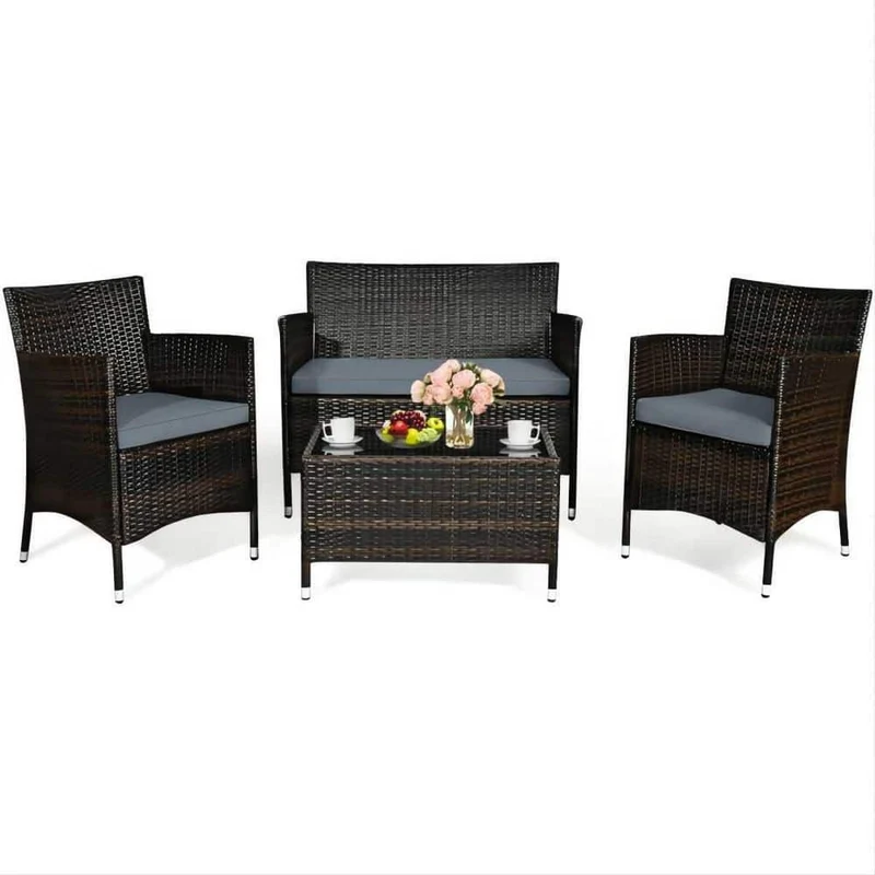 4-Piece Wicker Patio Conversation Set with Gray Cushions