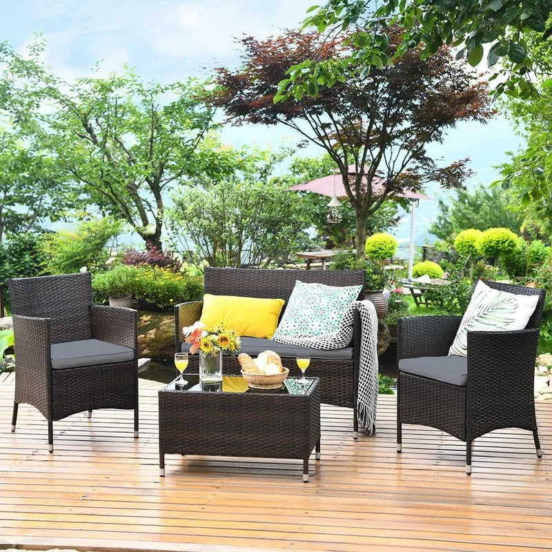 4-Piece Wicker Patio Conversation Set with Gray Cushions