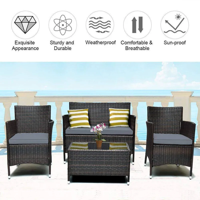 4-Piece Wicker Patio Conversation Set with Gray Cushions