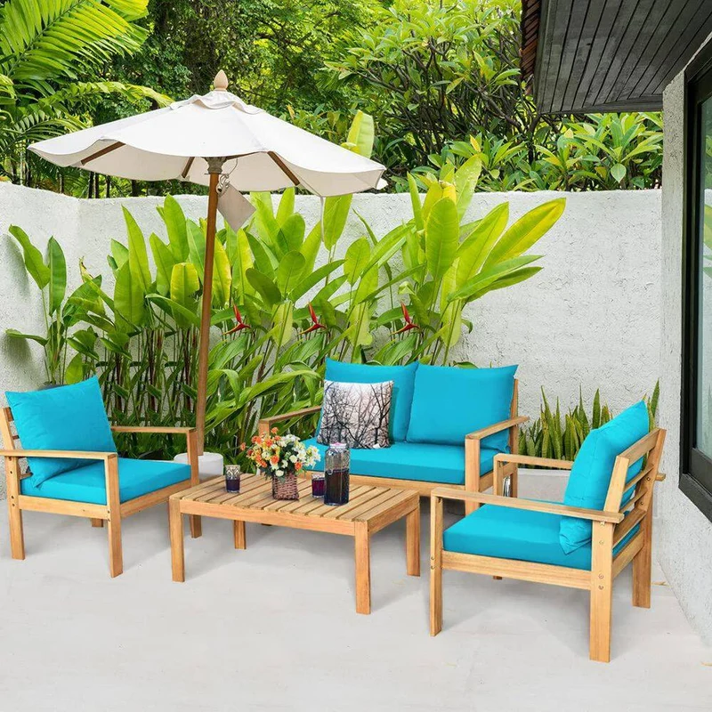 4-Piece Wood Outdoor Patio Conversation Seating Set with Turquoise Cushions