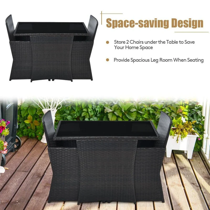 3-Piece Black Wicker Patio Conversation Set with Turquoise Cushions and Sofa Armrest