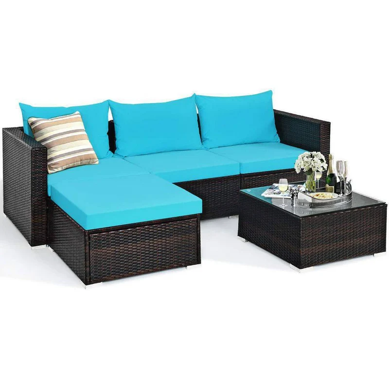 Brown 5-Piece Wicker Outdoor Patio Conversation Seating Set with Turquoise Cushions and Coffee Table
