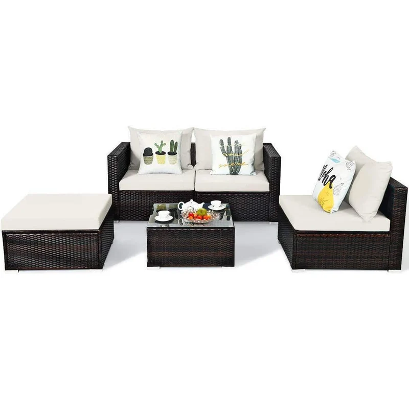 Brown 5-Piece Wicker Outdoor Patio Conversation Seating Set with White Cushions and Coffee Table