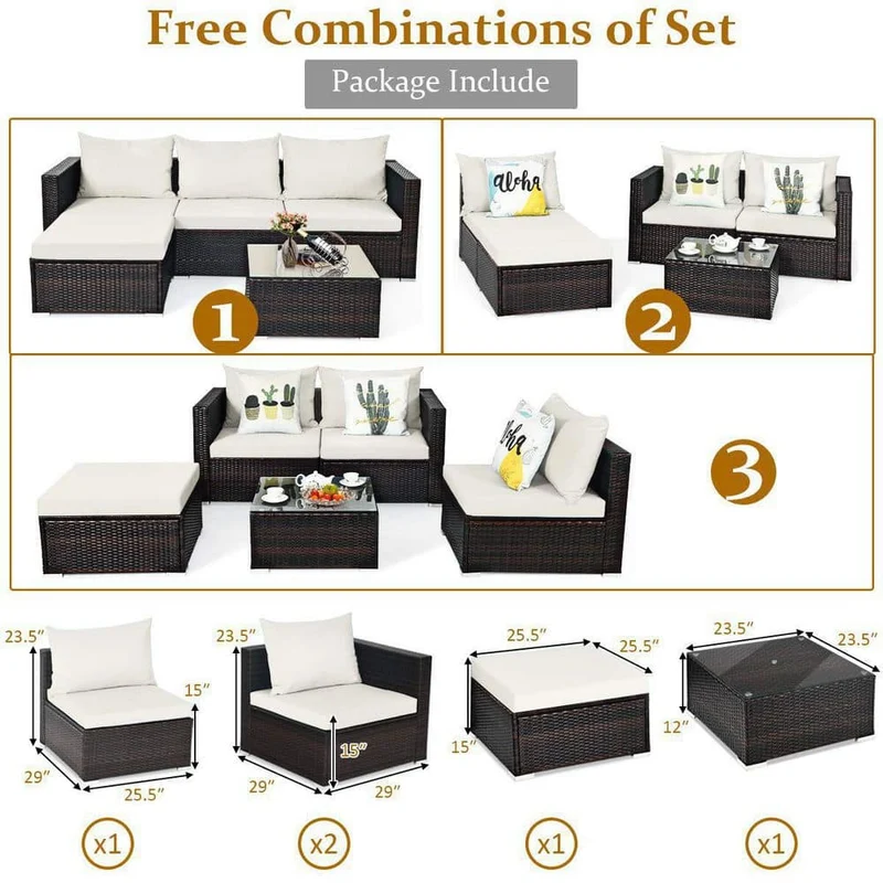 Brown 5-Piece Wicker Outdoor Patio Conversation Seating Set with White Cushions and Coffee Table