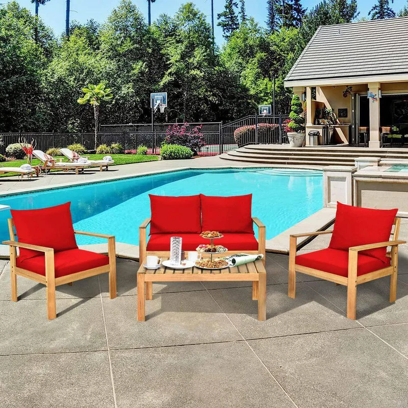 4-Piece Wood Outdoor Patio Conversation Seating Set with Red Cushions