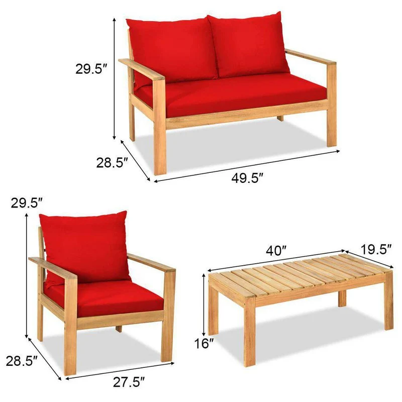 4-Piece Wood Outdoor Patio Conversation Seating Set with Red Cushions