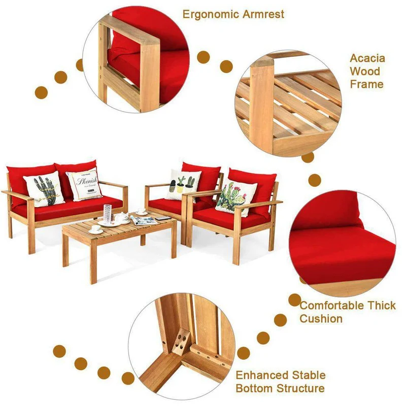 4-Piece Wood Outdoor Patio Conversation Seating Set with Red Cushions