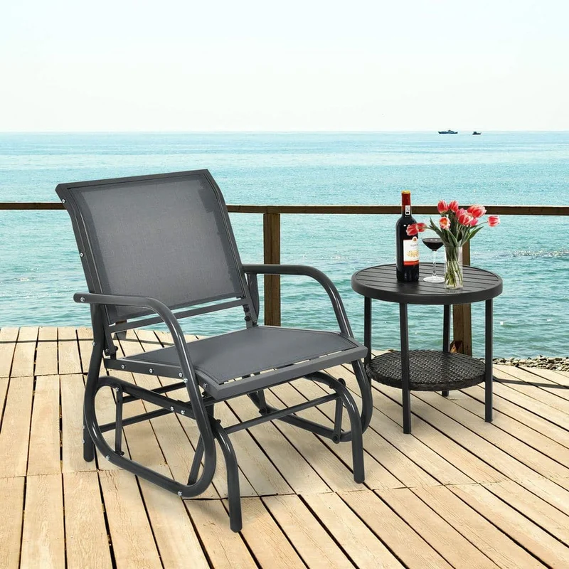 Gray Metal Outdoor Rocking Chair Single Swing Glider with Armrest
