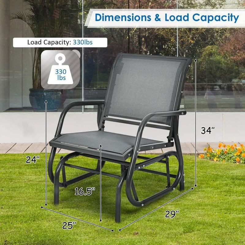 Gray Metal Outdoor Rocking Chair Single Swing Glider with Armrest