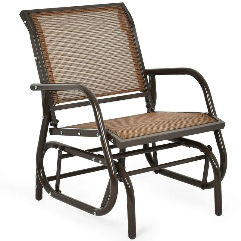 Brown Metal Outdoor Rocking Chair Single Swing Glider with Armrest