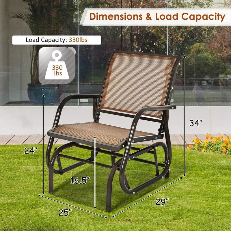 Brown Metal Outdoor Rocking Chair Single Swing Glider with Armrest