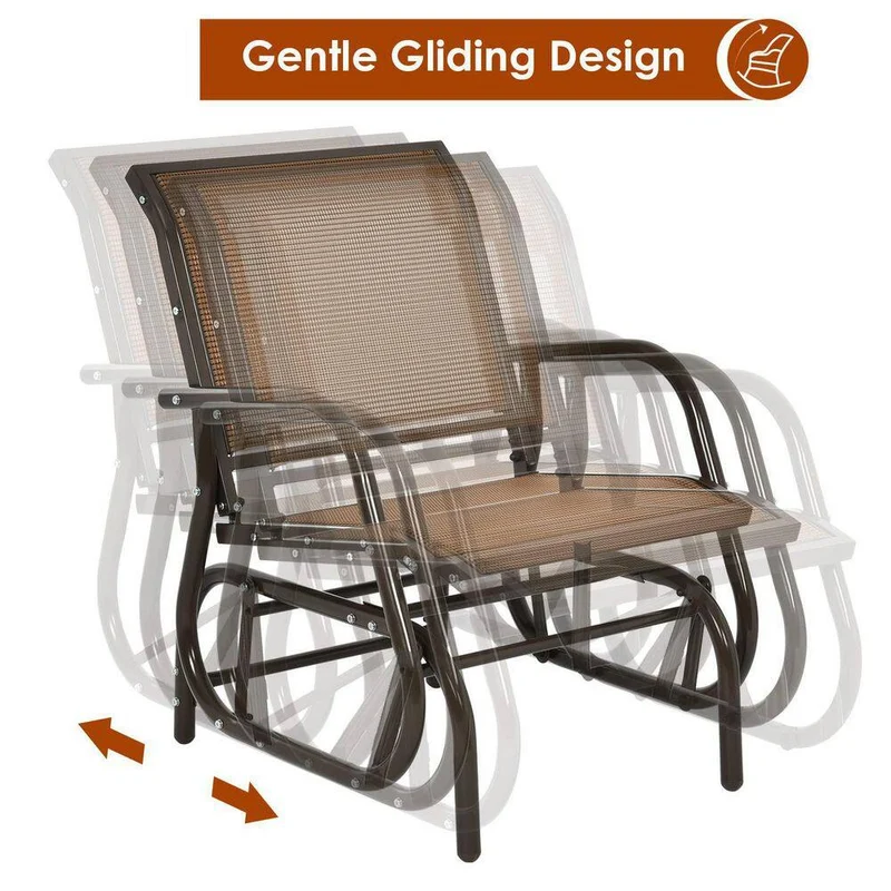 Brown Metal Outdoor Rocking Chair Single Swing Glider with Armrest