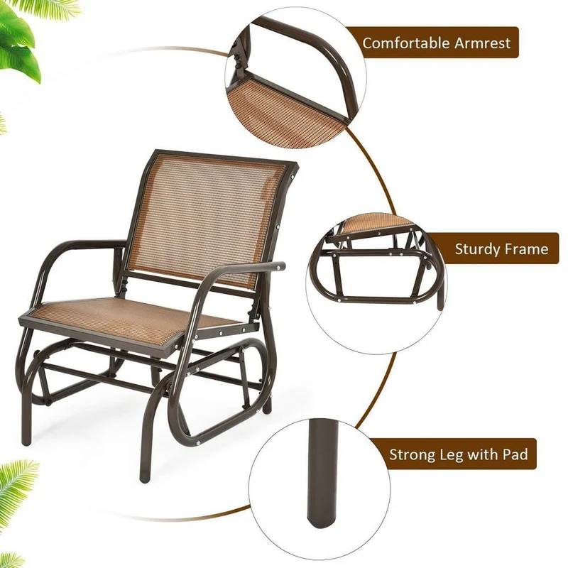 Brown Metal Outdoor Rocking Chair Single Swing Glider with Armrest