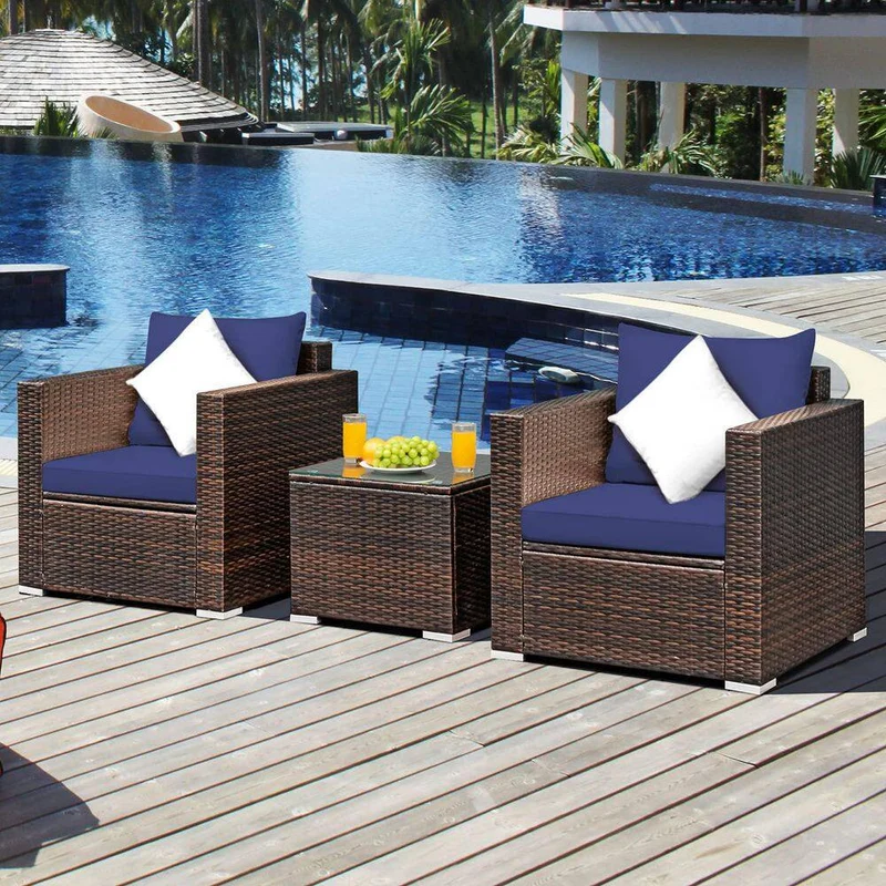 3-Piece Wicker Patio Conversation Set Sofa with Navy Blue Cushions