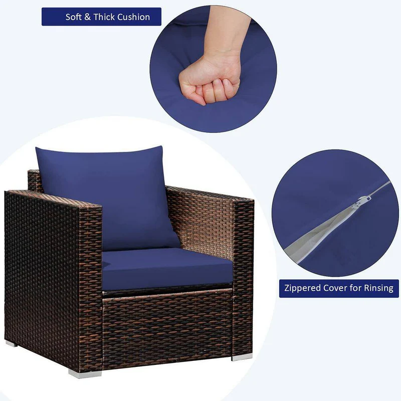 3-Piece Wicker Patio Conversation Set Sofa with Navy Blue Cushions