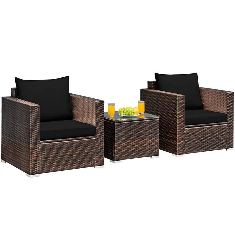 3-Piece Wicker Patio Conversation Set Sofa with Black Cushions