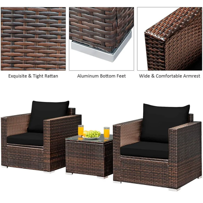 3-Piece Wicker Patio Conversation Set Sofa with Black Cushions