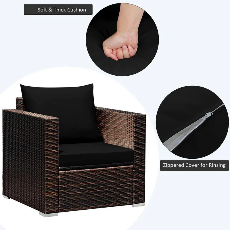 3-Piece Wicker Patio Conversation Set Sofa with Black Cushions