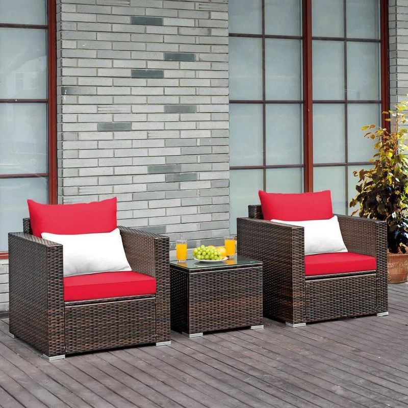 3-Piece Wicker Patio Conversation Set Sofa with Red Cushions