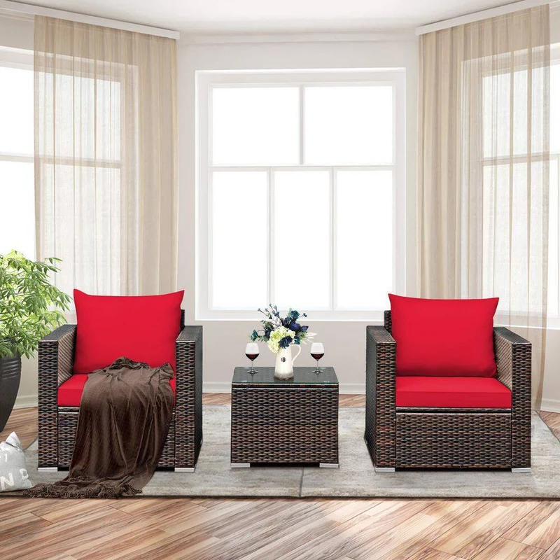 3-Piece Wicker Patio Conversation Set Sofa with Red Cushions