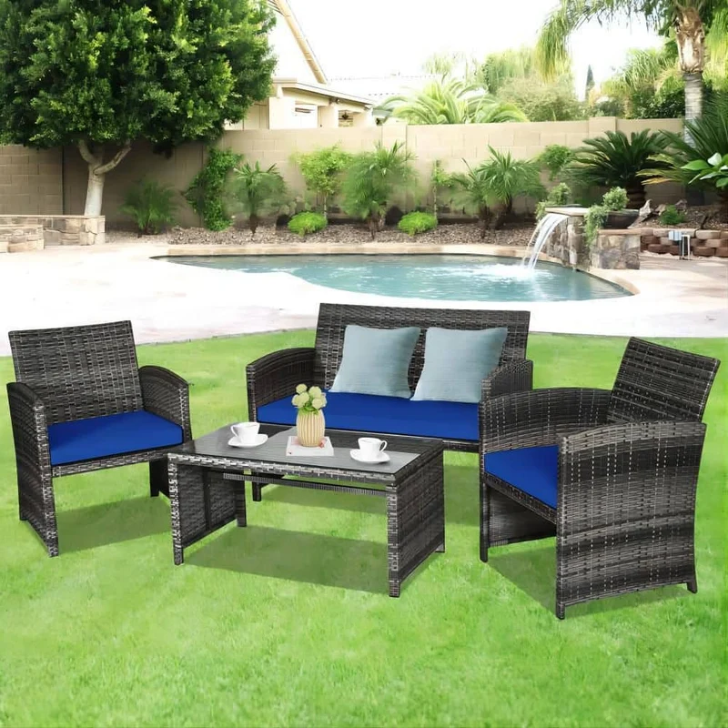 Mixed Grey 4-Piece Wicker Patio Conversation Set with Navy Blue Cushions
