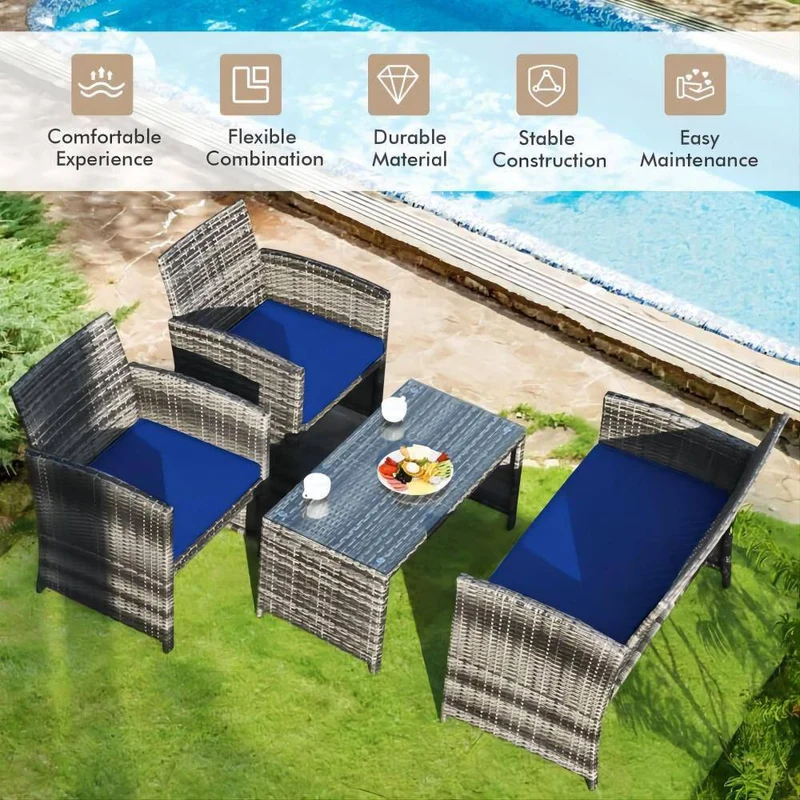 Mixed Grey 4-Piece Wicker Patio Conversation Set with Navy Blue Cushions