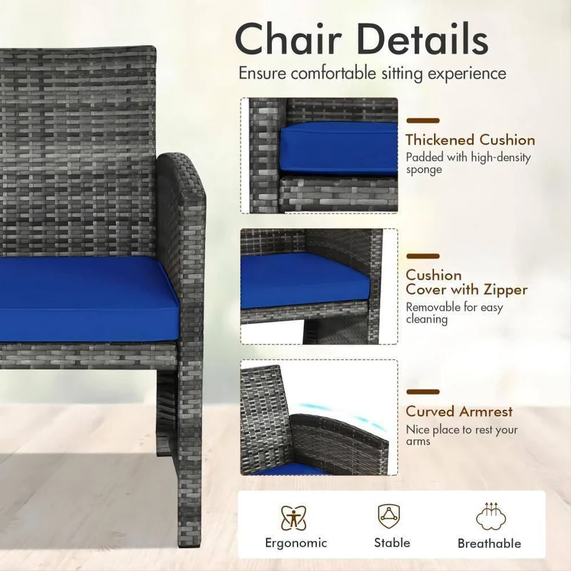Mixed Grey 4-Piece Wicker Patio Conversation Set with Navy Blue Cushions