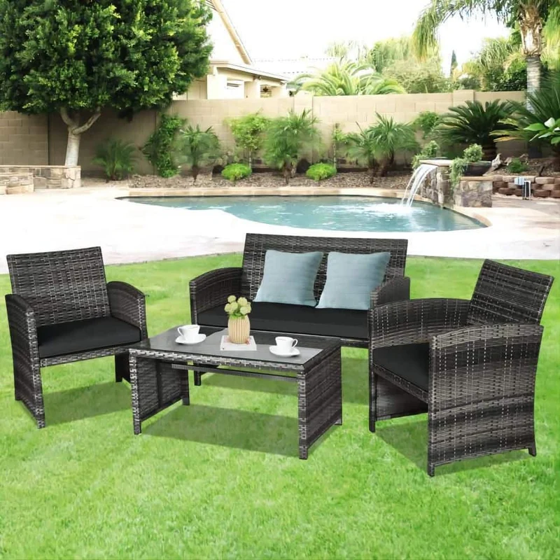 Mixed Grey 4-Piece Wicker Patio Conversation Set with Black Cushions