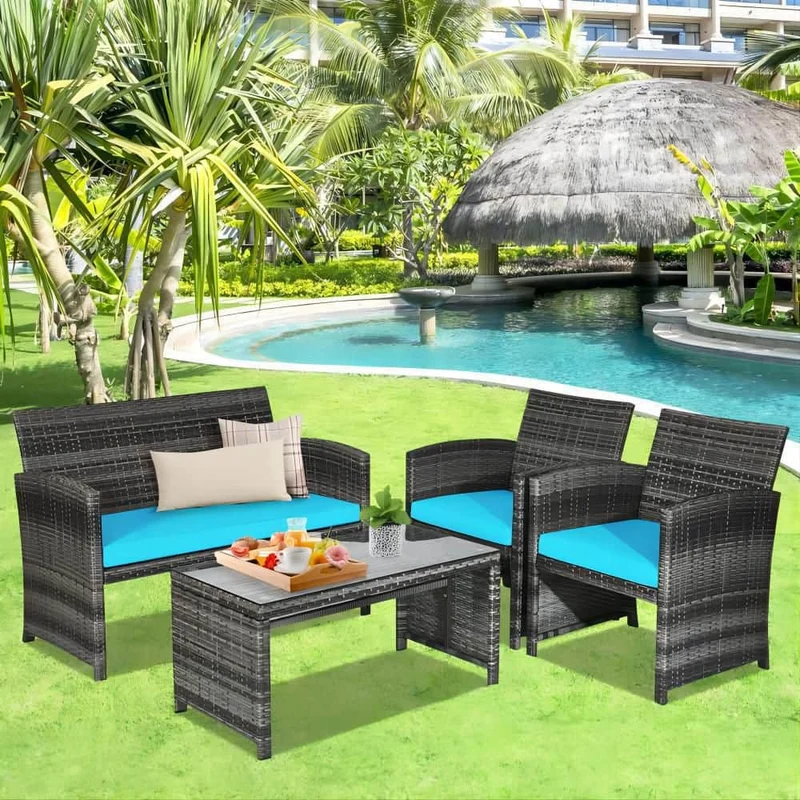 Mixed Grey 4-Piece Wicker Patio Conversation Set with Turquoise Cushions