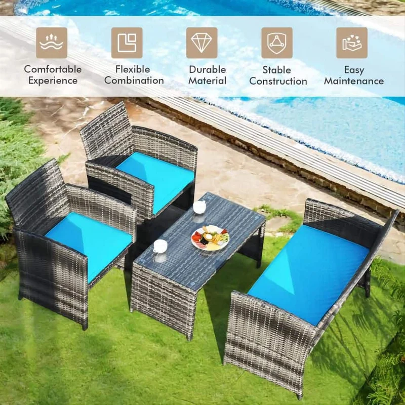 Mixed Grey 4-Piece Wicker Patio Conversation Set with Turquoise Cushions