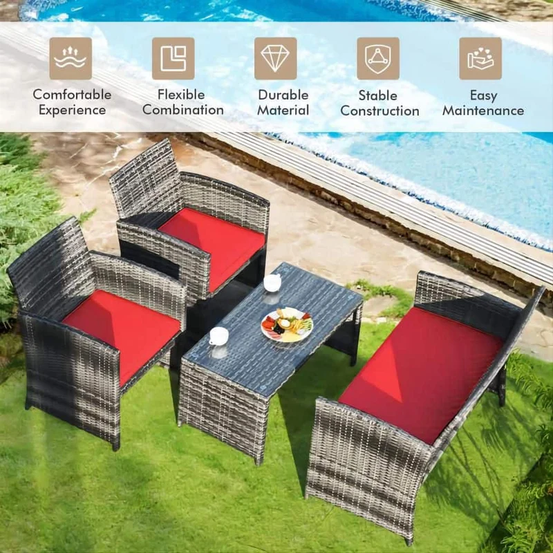 Mixed Grey 4-Piece Wicker Patio Conversation Set with Red Cushions