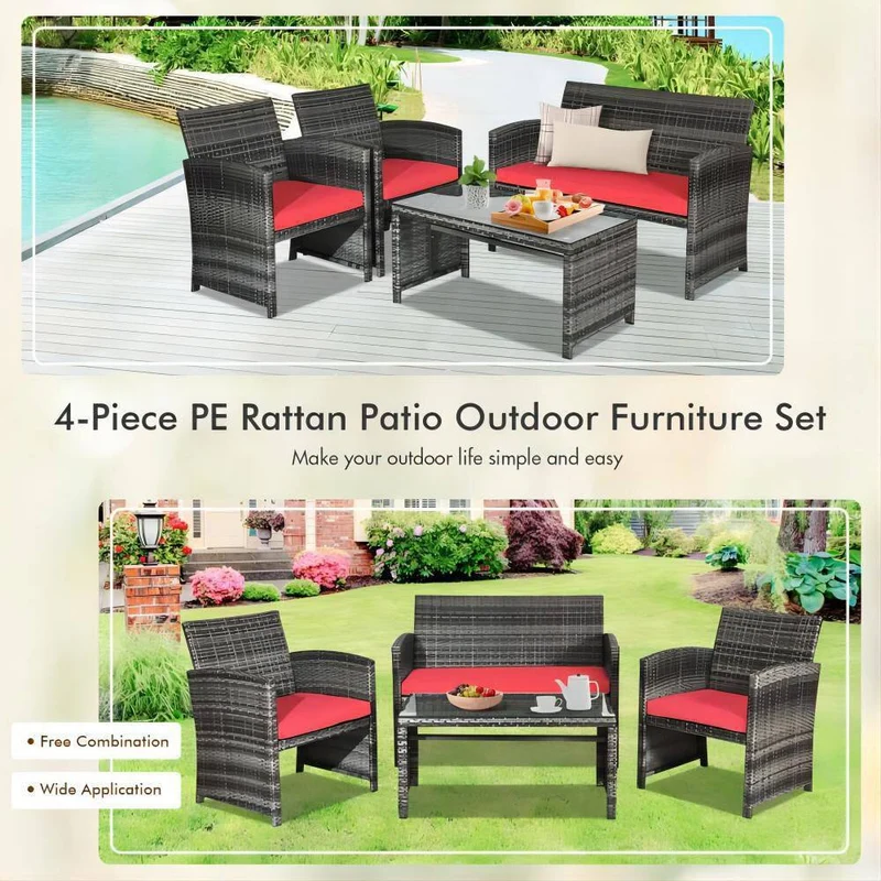 Mixed Grey 4-Piece Wicker Patio Conversation Set with Red Cushions