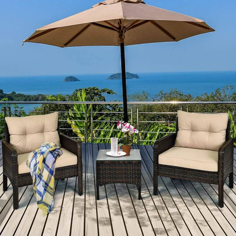 Brown 3-Pieces Wicker Outdoor Patio Conversation Set with Beige Cushions