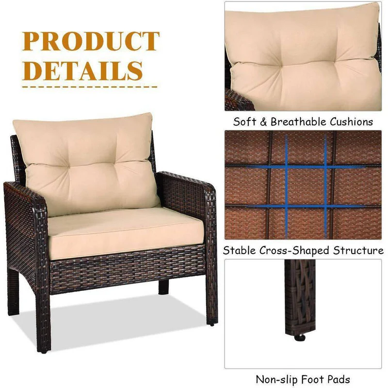Brown 3-Pieces Wicker Outdoor Patio Conversation Set with Beige Cushions