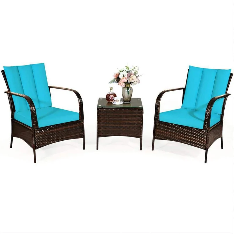 Mix Brown 3-Piece Rattan Wicker Outdoor Furniture Patio Conversation Set with Gray Cushions