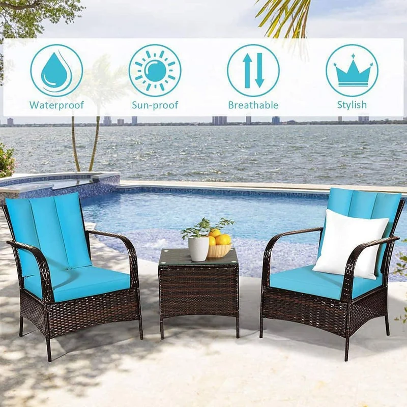 Mix Brown 3-Piece Rattan Wicker Outdoor Furniture Patio Conversation Set with Gray Cushions