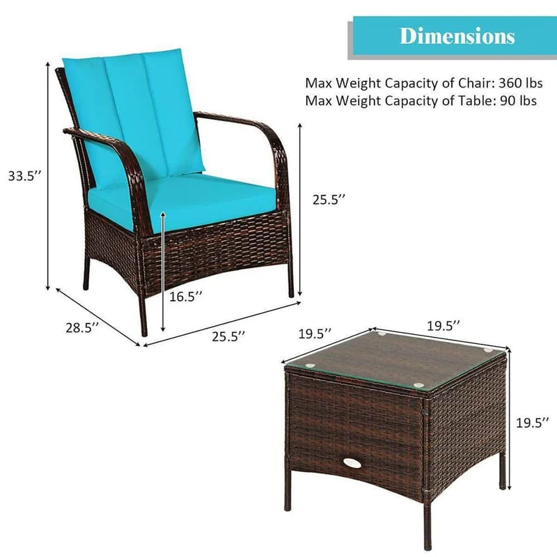 Mix Brown 3-Piece Rattan Wicker Outdoor Furniture Patio Conversation Set with Gray Cushions