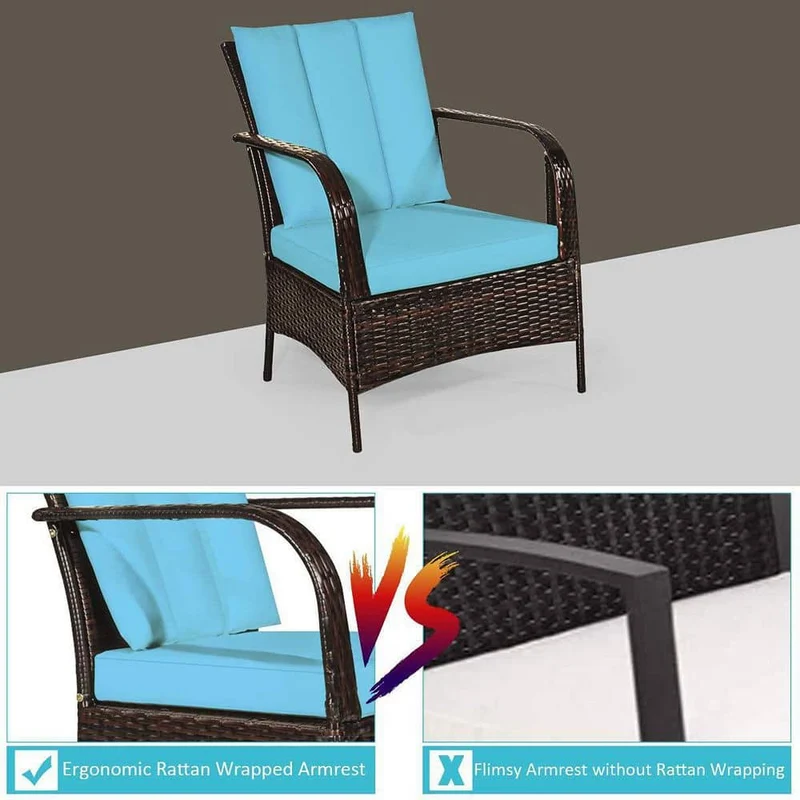 Mix Brown 3-Piece Rattan Wicker Outdoor Furniture Patio Conversation Set with Gray Cushions