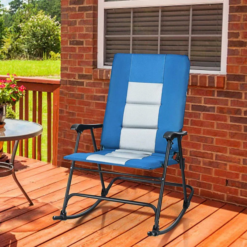 Blue Steel Outdoor Rocking Chair Foldable Padded Camping Chair with Backrest and Armrest