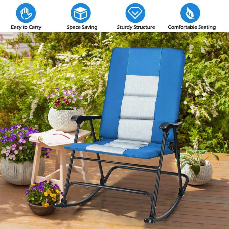 Blue Steel Outdoor Rocking Chair Foldable Padded Camping Chair with Backrest and Armrest