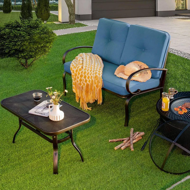 Black Metal Outdoor Patio Loveseat with Coffee Table and Blue Cushions